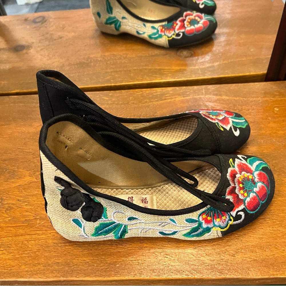 Embroidered canvas flats with ankle straps